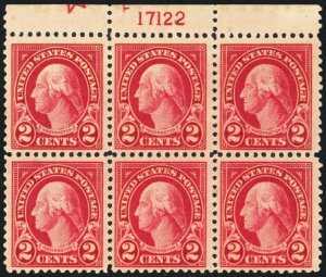 554, Mint VF NH 2¢ Plate Block of Six With Star SCV $97.50 * Stuart Katz