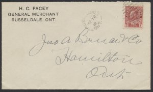 1912 Russeldale (Perth) Ont Split Ring Postmark On General Merchant CC Cover