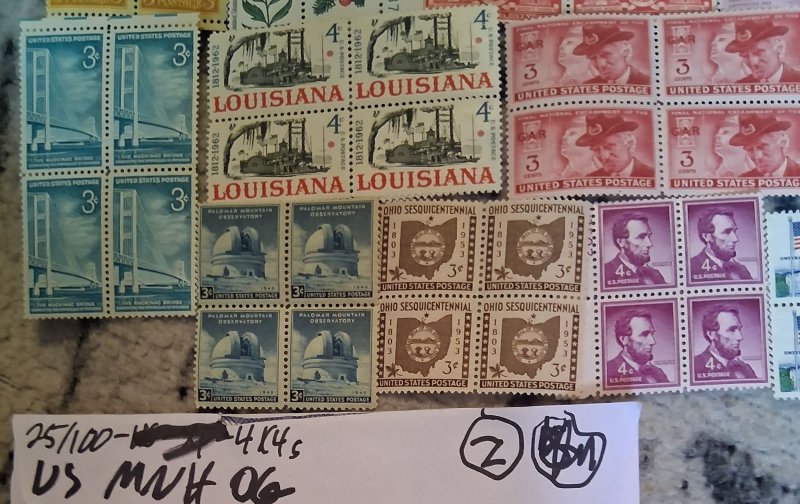 25 Unused USA Mint WW MNH  2x2 Blocks 100 Stamps  NO MMULTIPLES! Vintage Z