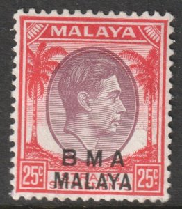 Malaya Straits Setts Scott 266 - SG13a, 1945 BMA Overprint 25c Die I MH*