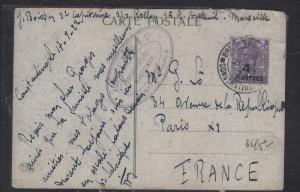 BRITISH LEVANT OFFICES IN TURKEY (P1410B) 1922 KGV 4 1/2 PI ON PPC TO FRANCE