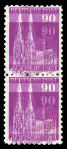 Germany #657vary, 1948-51 90pf rose lilac, double impression, vertical pair, ...