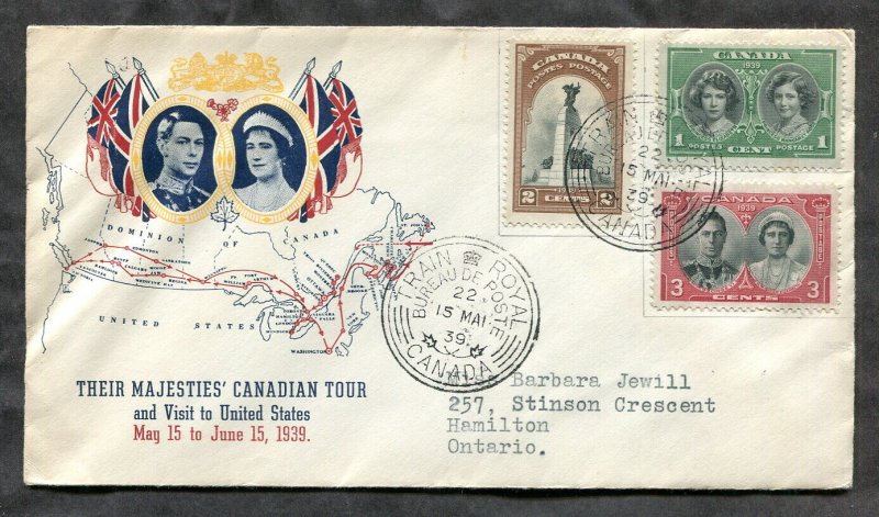 p356 - ROYAL TRAIN FDC Cover 1939. Royal Couple over Canada Map Cachet