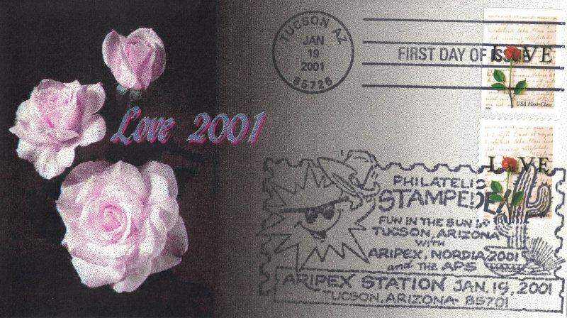 2001 FDC, #3497, LOVE, colorful cachet