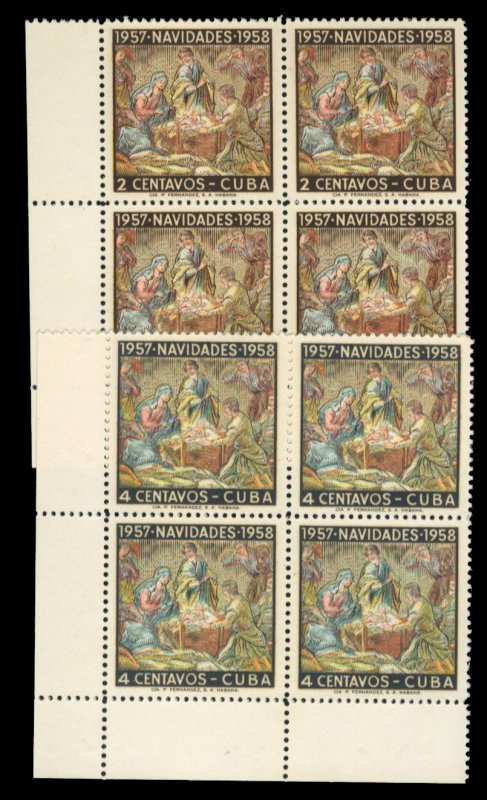 Cuba #588-589 Cat$24, 1957 Christmas, set of two in blocks of four, never hinged