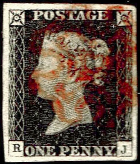 Great Britain Penny Black RJ Four Margins