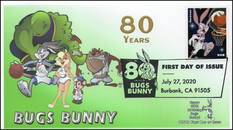 20-215, 2020, SC 5495, Bugs Bunny, First Day Cover, Pictorial Postmark, 80th Ann