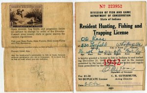 US Sc RW9 Vio Brn $1.00 1942 Unsigned on 1942 Indiana Hunting Fishing License