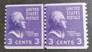 U.S.#842 Jefferson 3c Horizontal Coil Line Pair, MNH. 'VG'