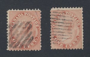 2x Canada Early  Stamps 2x #14-1c Victoria Used Fine+. Guide Value = $100.00