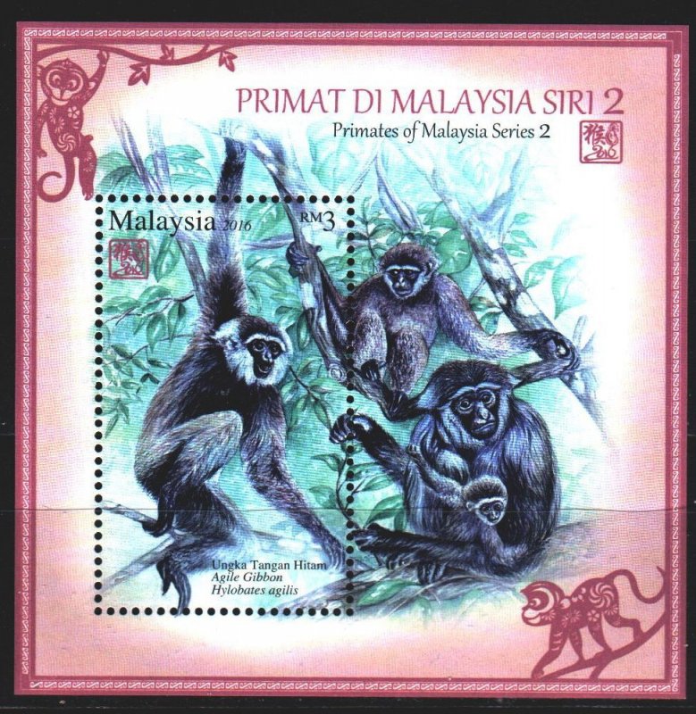 Malaysia. 2016. bl 208. Monkeys, fauna. MNH.