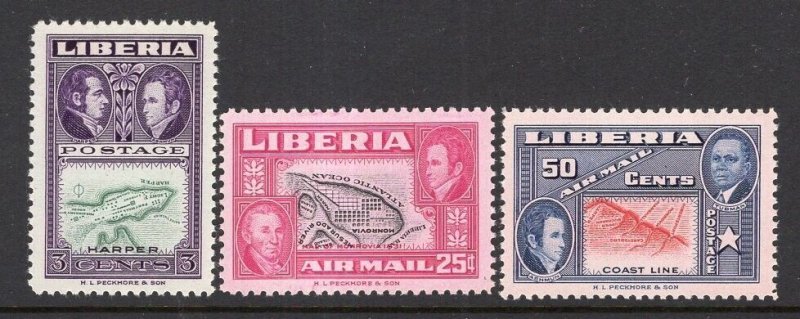 Liberia 1952 Map 3 Values With Inverted Centers MNH #334, C68-69