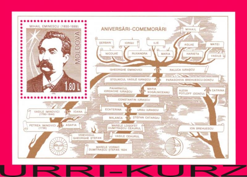 MOLDOVA 1996 Famous People Writer Poet Eminescu s-sheet Sc218 Mi Bl.10(218) MNH