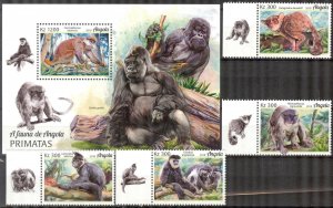 Angola 2018 Monkeys Primates Set of 4 + S/S MNH
