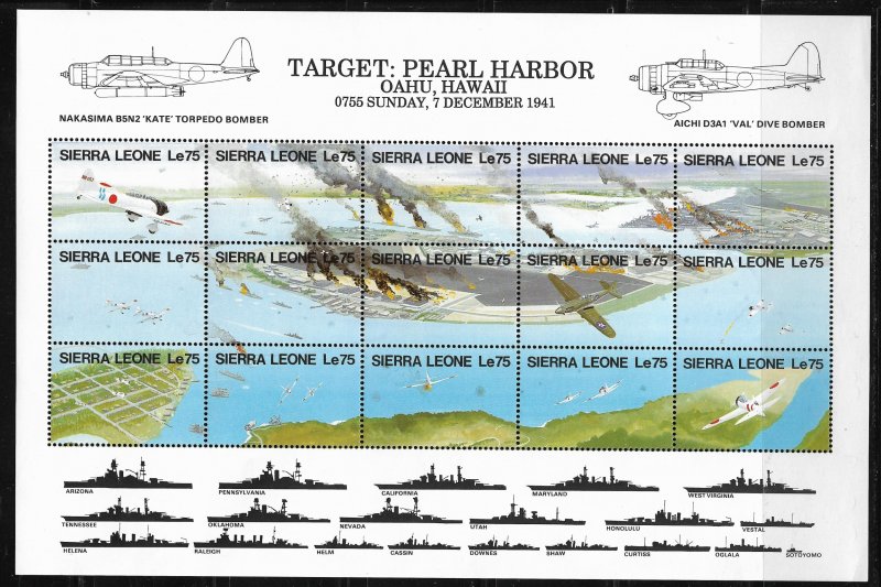 1991 Sierra Leone 1447 Target Pearl Harbor MNH S/S of 15