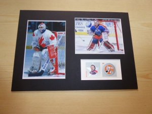 Grant Fuhr NHL Canada stamp and mounted photographs mount size A4
