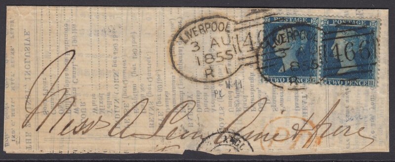 SG 34 2d blue plate 5 horizontal pair lettered PG-PH. Fine used on piece...