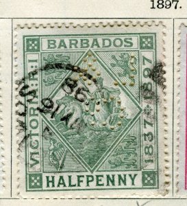 BARBADOS; 1897 early classic QV issue fine used 1/2d. value + PERFIN