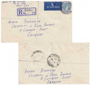 Nigeria 1/3 KGVI 1947 Ilesha, Nigeria Airmail Registered to Edinburgh, Scotland.