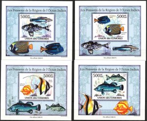 {436} Comoros 2009 Fishes of Indian Ocean 4 S/S Deluxe MNH**