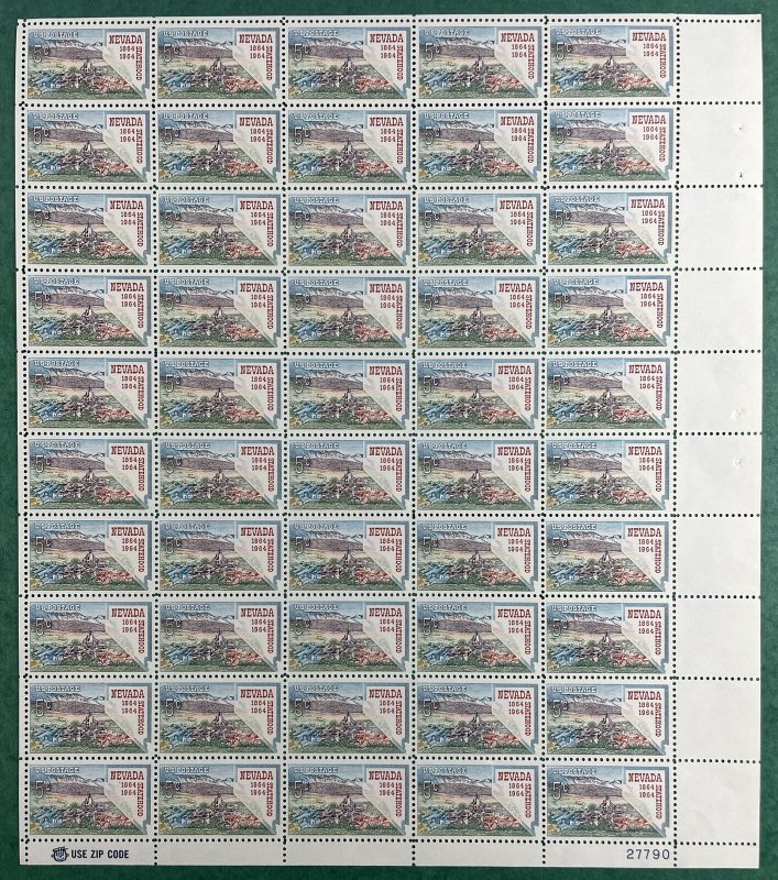 Scott 1248 NEVADA STATEHOOD Sheet of 50 US 5¢ Stamps MNH 1964