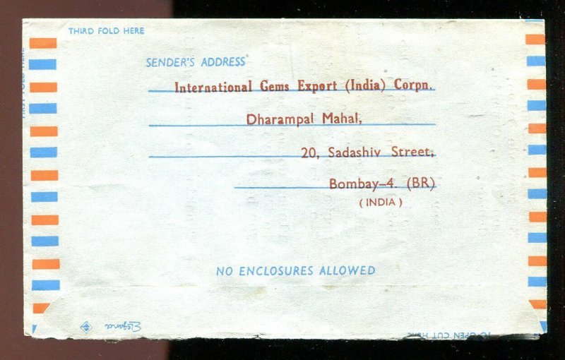 h199 - INDIA 1969 Aerogramme Cover to CANADA. Air Letter. Gems Export