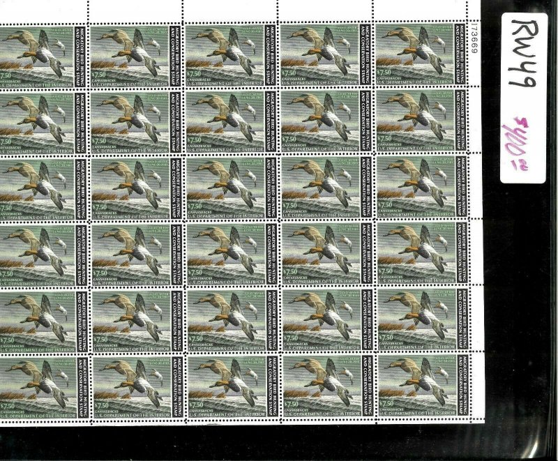 RW49 1982 FULL FEDERAL DUCK STAMP SHEET.   PLATE # 173669 TOP 