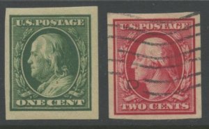 US Sc#383, 384 1910 1c, 2c DL Watermark 191 IMPERFORATE OG Mint Hinged and Used