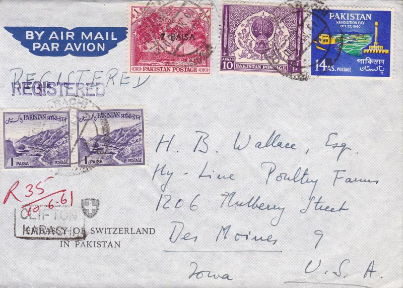 Pakistan 1961 Cover From the Swiss Embassy Karachi Registered Airmail to Iowa.