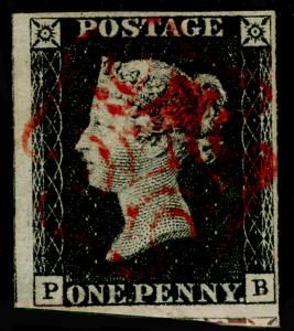 GB 1840 SG2, 1d black PLATE 4, FINE USED. Cat £400. RED MX. PB