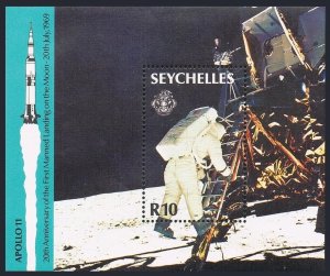 Seychelles 680, MNH.Michel Bl.32. Moon landing,20, 1989. Apollo 15. Buzz Aldrin.