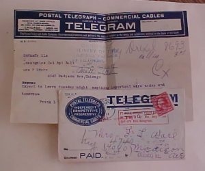 US  TELEGRAM & COVER POSTAL TELEGRAPH CABLE CHICAGO 1911 TO MADISON AVE