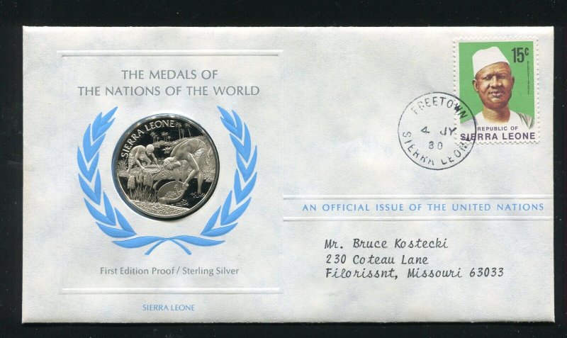 1980  United Nations Sterling Silver Sierra Leone Medal & Stamp