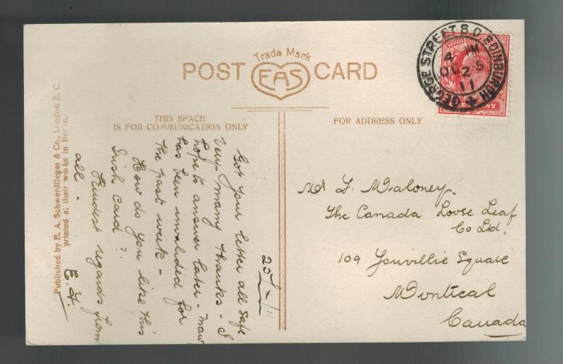 1911 Edinburgh Scotland Postcard Cover to Canada Hands Across Sea Ireland