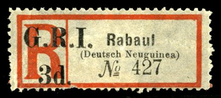 New Britain #43 (SG 33) Cat£275, 1914 Rabaul, 3p black and red, disturbed gu...