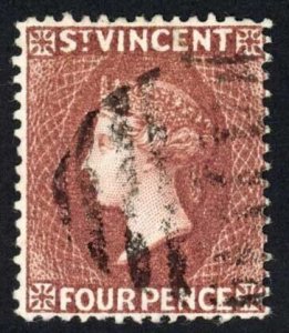 St Vincent SG50 4d Red-brown Wmk Crown CA Fine used Cat 22 Pounds