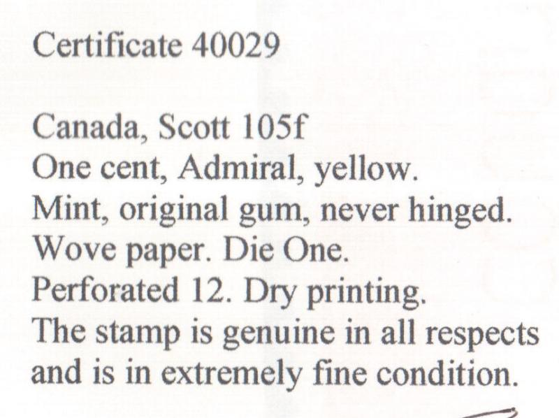 Canada #105f Extra Fine Never Hinged Gem **With Certificate**