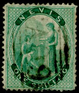 ST KITTS-NEVIS SG21c, 1s deep green, USED. Cat UNLISTED. CROSSED LINES ON HILL