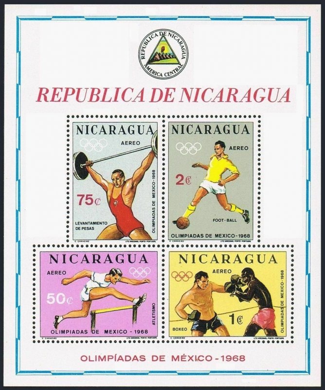 Nicaragua C666a sheet,MNH.Mi Bl.68 Olympics Mexico-1968.Hurdling,Soccer,Boxing,