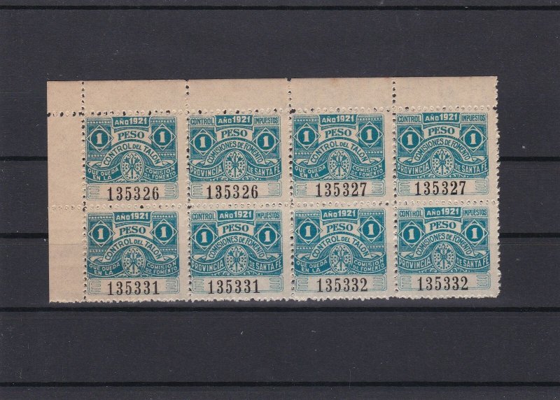Argentina Mint Never Hinged Revenue 1921 1 Peso Stamps Block Ref 27736