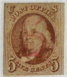 Scott #1 Used light red cancel 3.5 margins. VF/XF