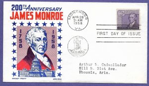 1105 JAMES MONROE 3c, 1958 CACHET CRAFT/BOLL FIRST DAY COVER, ADDR.