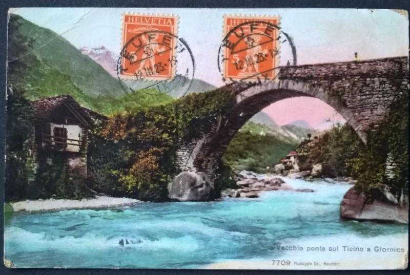 Switzerland 1923 Postcard Bridge Ticino a Giornico TEUFEN to PENANG Straits