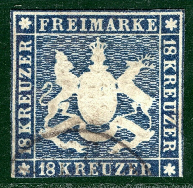 Germany States WÜRTTEMBERG High Value Scott.18 18kr (1859) Used c$1,450 GGREEN58