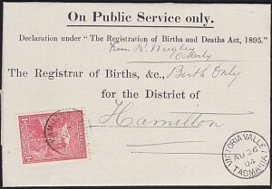 TASMANIA 1904 Birth notice VICTORIA VALLEY cds to Hamilton T perfin 1d.....B1786