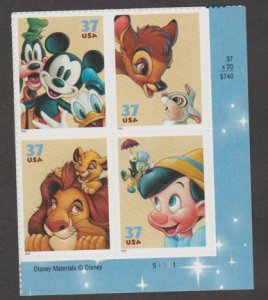 U.S. Scott #3865-3868 Disney Friendship Stamp - Mint NH Plate Block