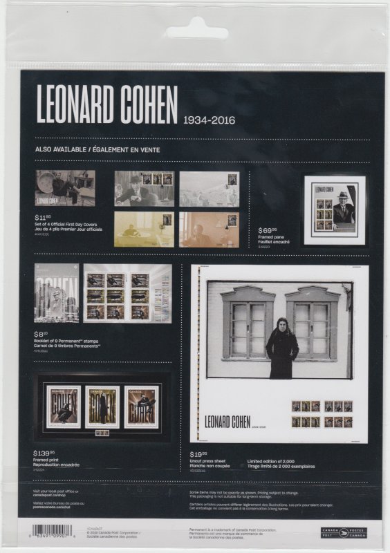 Canada - *NEW* Leonard Cohen Stamp Pane  - MNH