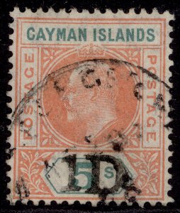 CAYMAN ISLANDS EDVII SG19, 1d on 5s salmon & green, FINE USED. Cat £400.