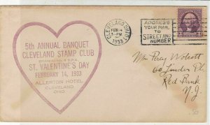 U.S. 1933 5th An Banquet Cleveland Stamp Club Heart Slogan Stamp Cover Ref 34450