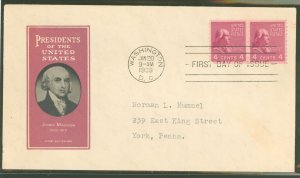 US 843 1939 4c James Madison (presidential/prexy series) coil pair on an addressed (typed) first day cover with an Ioor cachet.